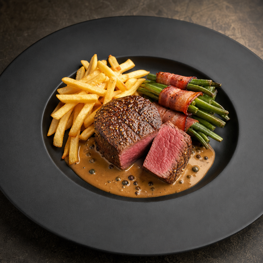 How to plate beef fillet. – Pepper sauce & fries